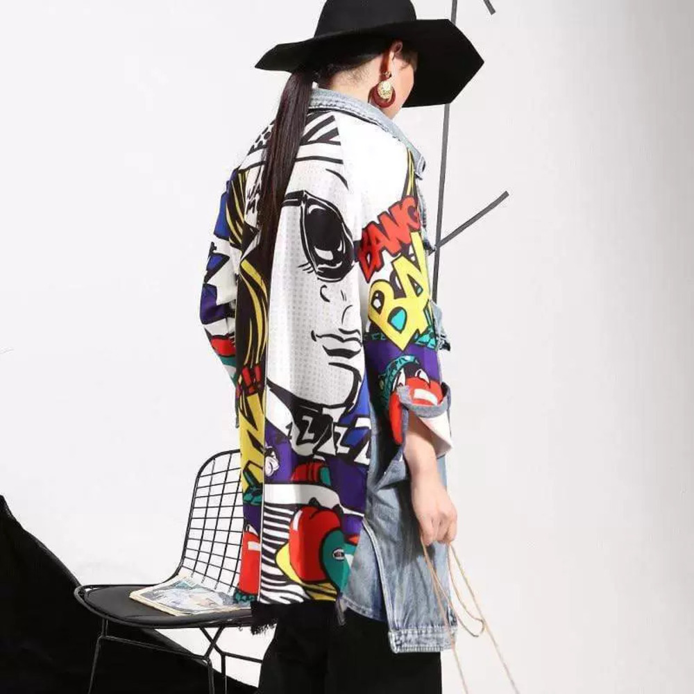 ZARA Fashion Abstract Print Patchwork Loose Washed Denim Trench Jacket